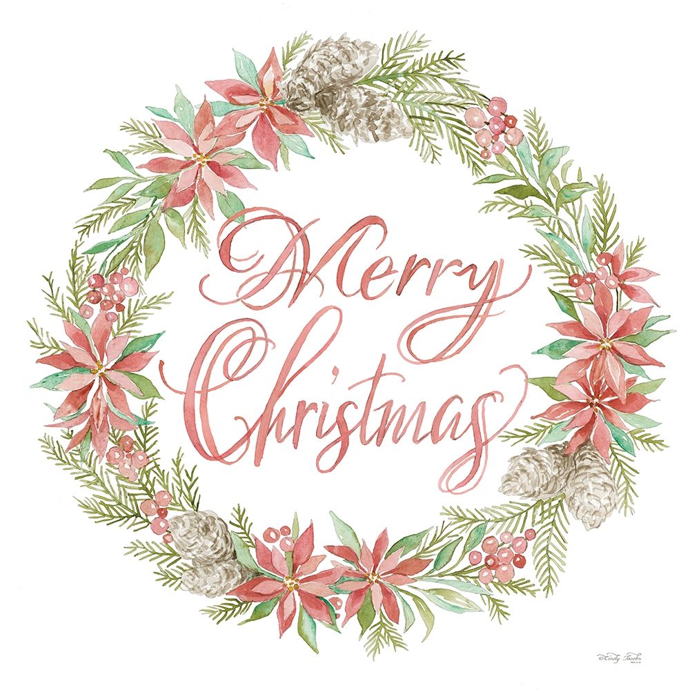 Merry Christmas Poinsettia Wreath art print by Cindy Jacobs for $57.95 CAD