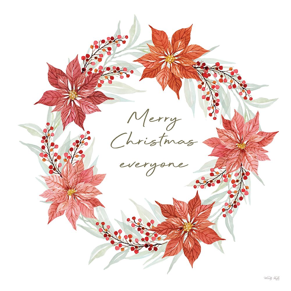 Merry Christmas Everyone Poinsettia Wreath art print by Cindy Jacobs for $57.95 CAD
