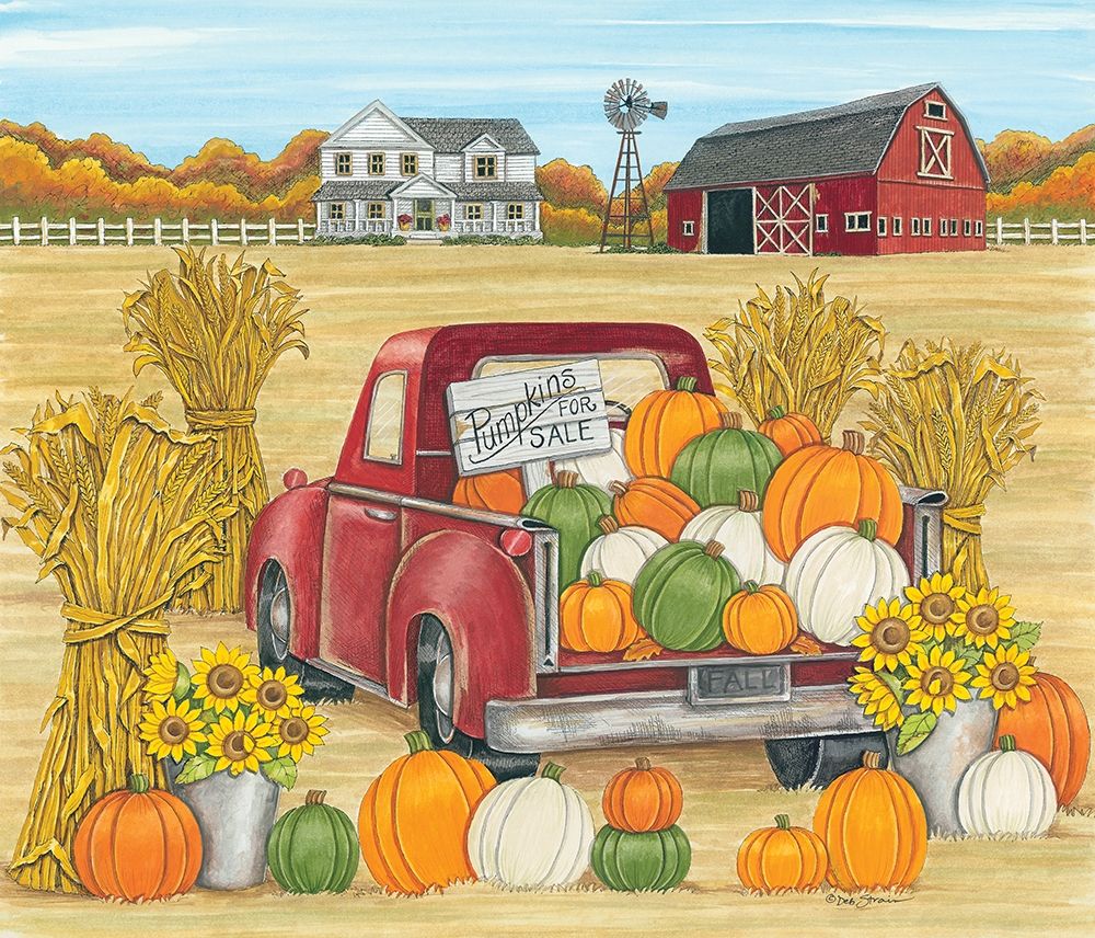 Pumpkins for Sale Red Truck Farm art print by Deb Strain for $57.95 CAD