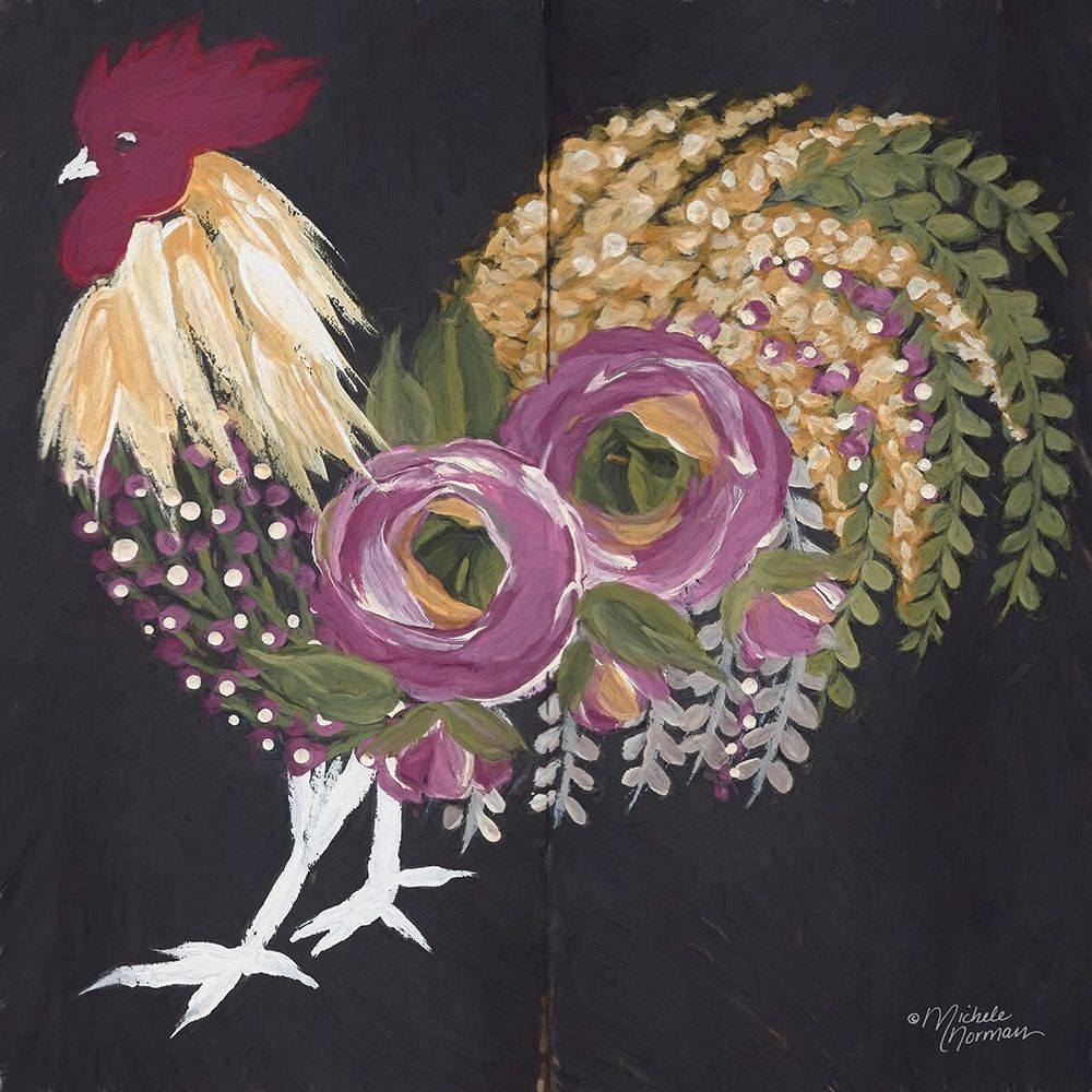 Floral Rooster on Black art print by Michele Norman for $57.95 CAD