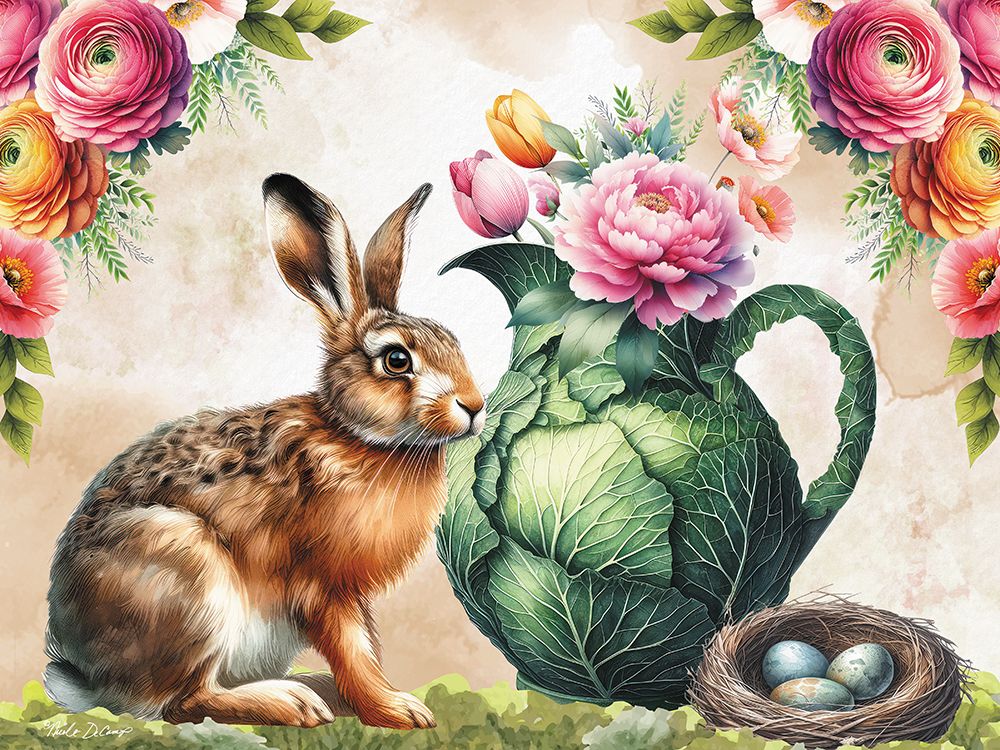 Full Bloom Rabbit and Pitcher of Flowers art print by Nicole DeCamp for $57.95 CAD