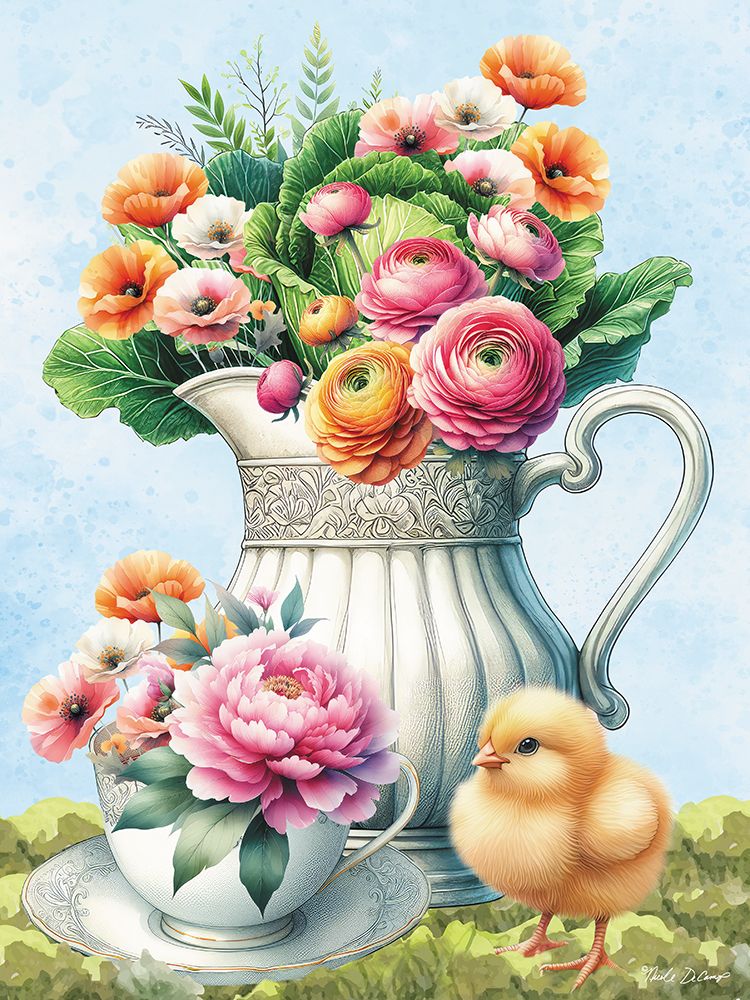 Pitcher of Flowers and Chick art print by Nicole DeCamp for $57.95 CAD