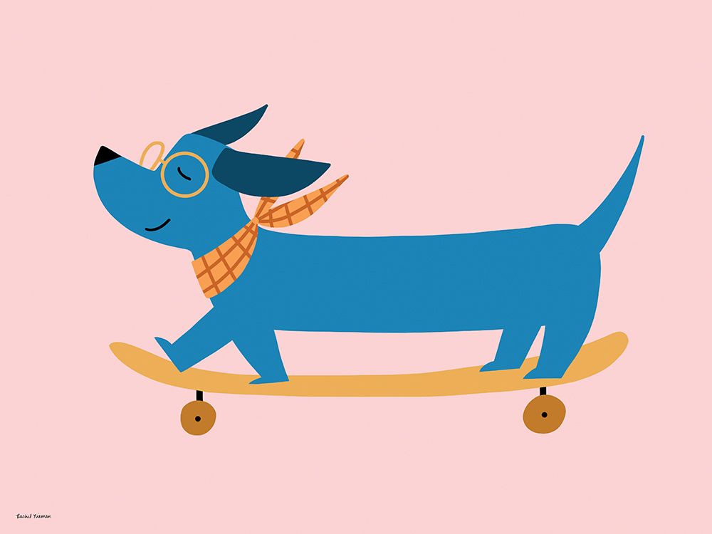 Skateboarding Weiner Dog art print by Rachel Nieman for $57.95 CAD