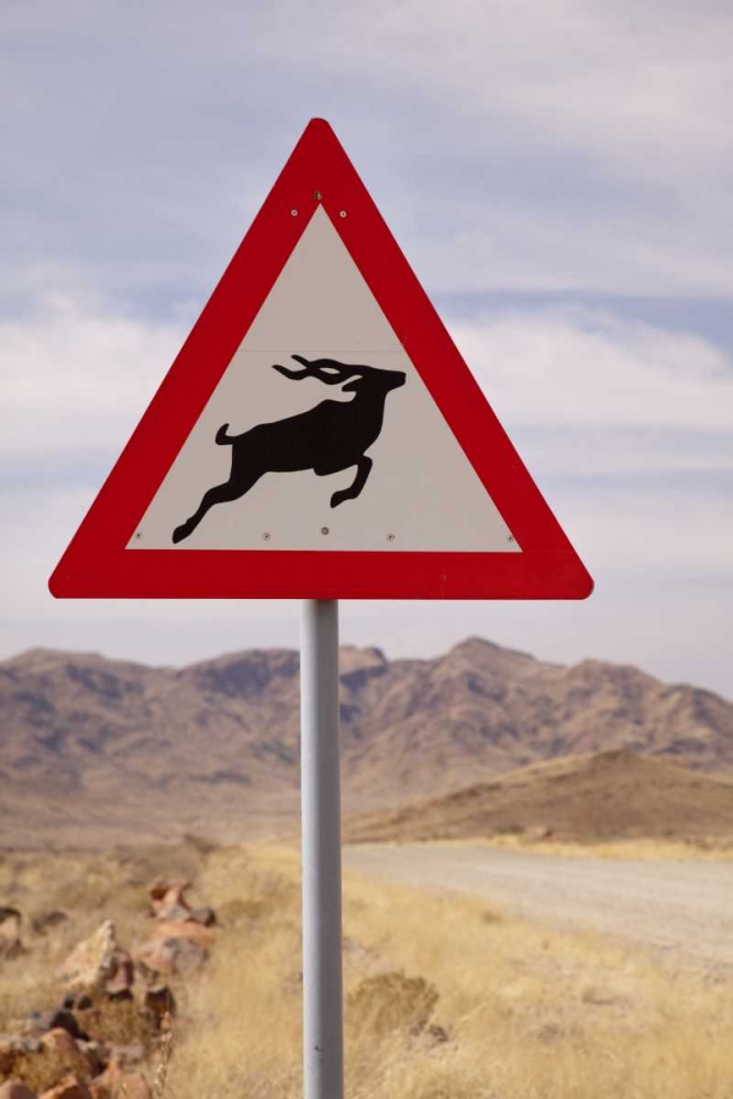 Namibia, Namib Desert, Kudu crossing caution sign art print by Wendy Kaveney for $57.95 CAD