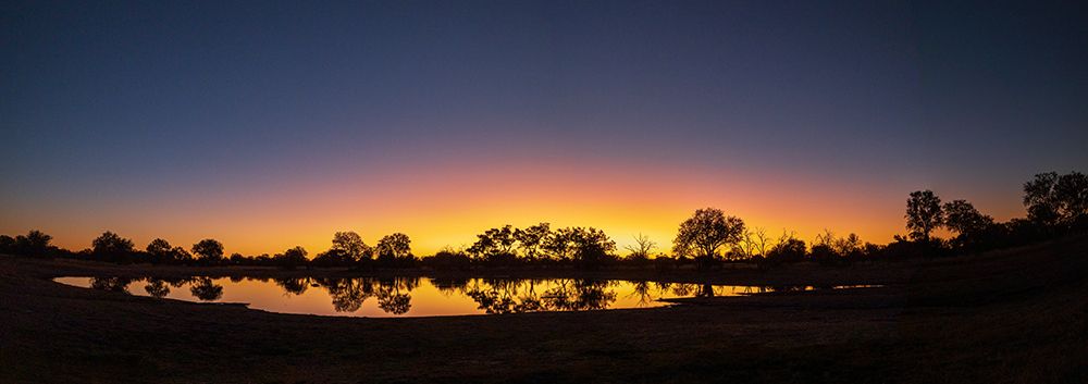 Colorful sunset at watering hole. Camelthorn Lodge. Hwange National Park. Zimbabwe. art print by Tom Norring for $57.95 CAD