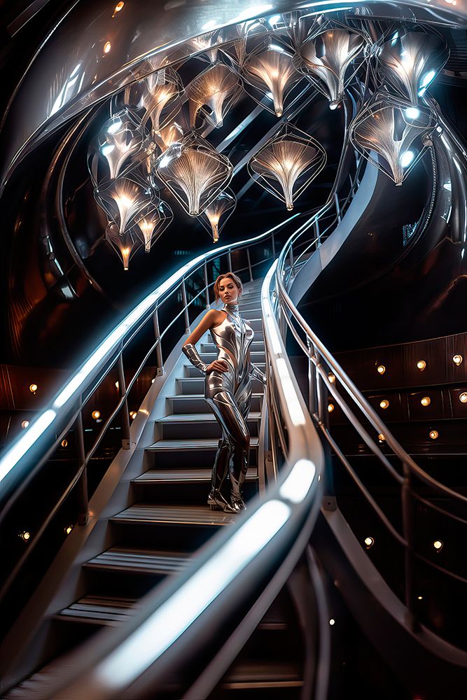 Female model on chrome staircase. AI Generated. art print by Jaynes Gallery for $57.95 CAD