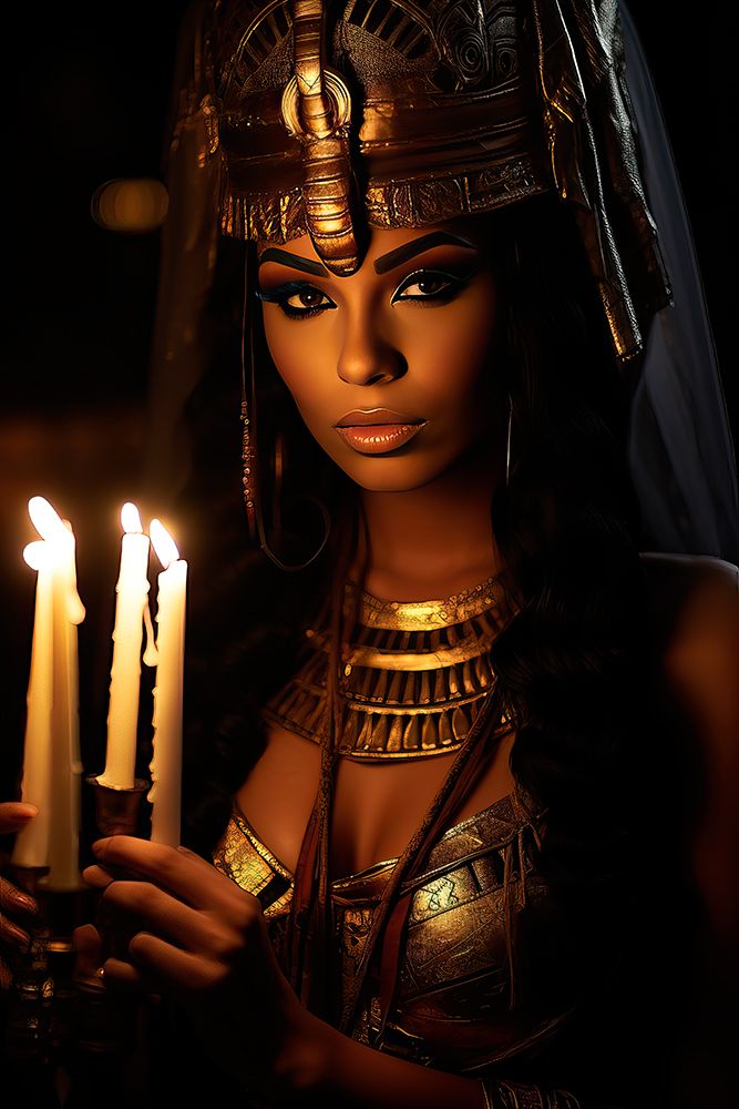 Fantasy close-up of Egyptian Queen Cleopatra holding candles. AI Generated. art print by Jaynes Gallery for $57.95 CAD