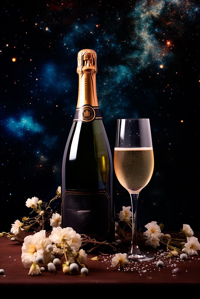 Sparkling wine glass and bottle. (AI Generated) art print by Fred Lord for $57.95 CAD