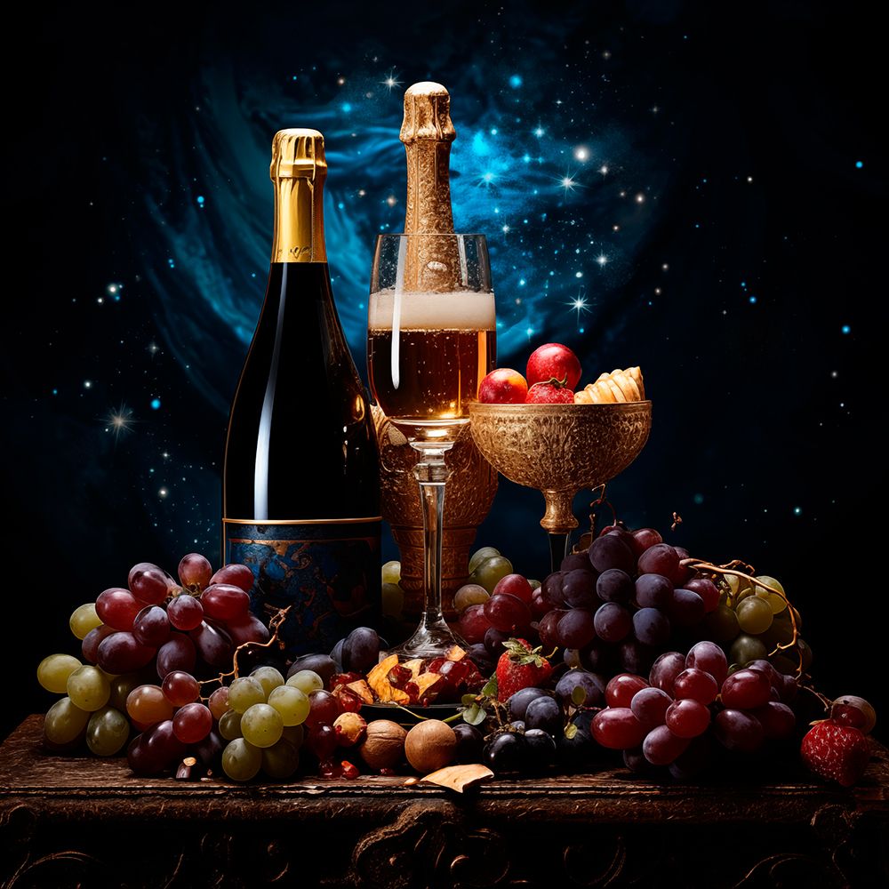 Sparkling wine glass and bottles with grapes. (AI Generated) art print by Fred Lord for $57.95 CAD