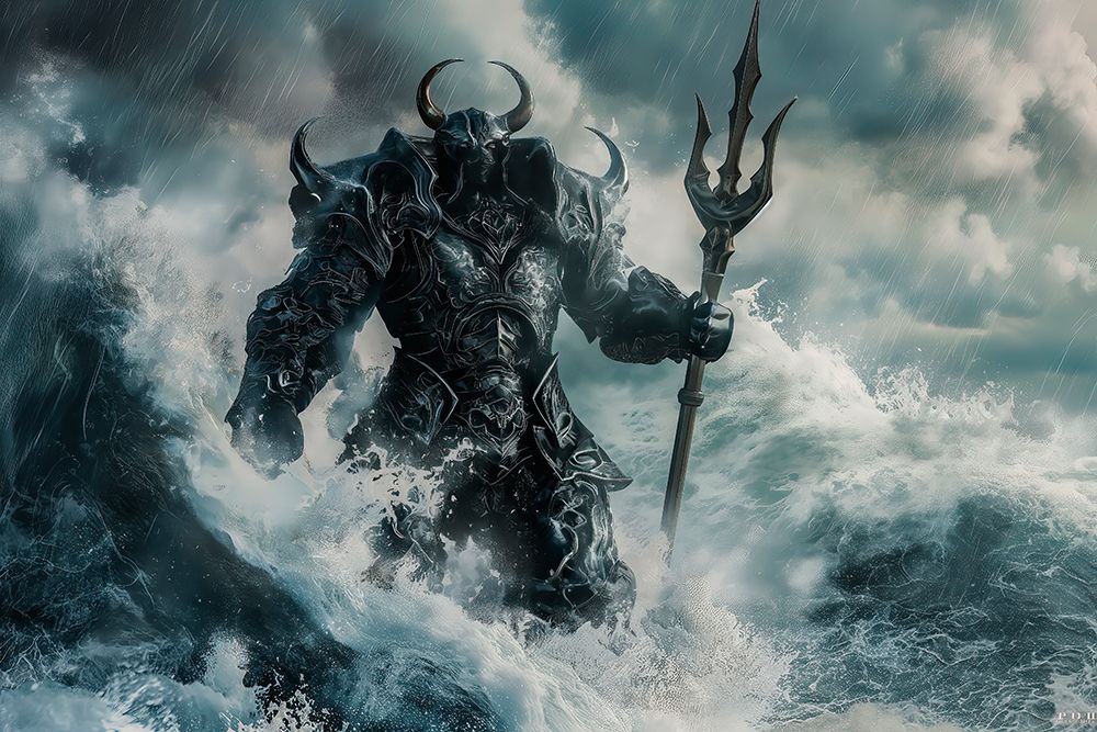 Armored alien warrior in ocean with triton. (AI Generated) art print by Jim Zuckerman for $57.95 CAD