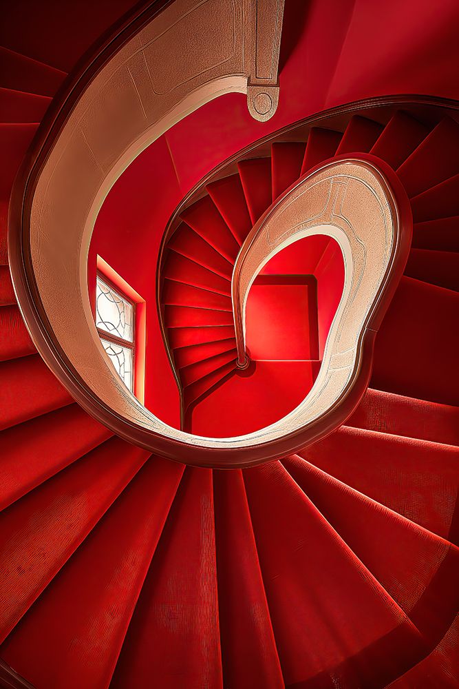 Curved stairway with window and carpet. (AI Generated) art print by Jim Zuckerman for $57.95 CAD