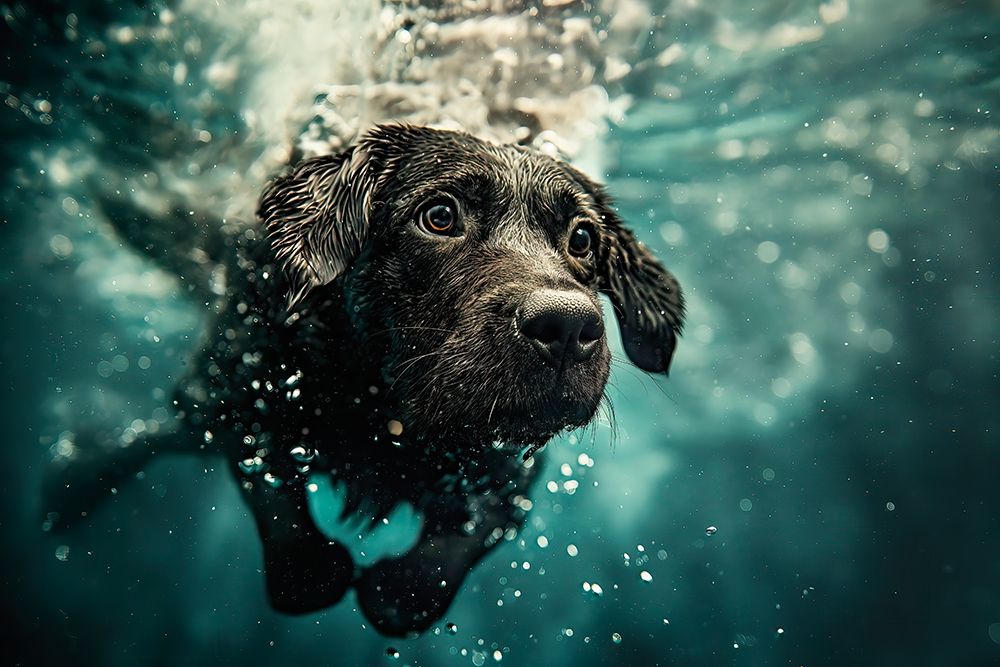 Dog diving underwater. (AI Generated) art print by Jim Zuckerman for $57.95 CAD