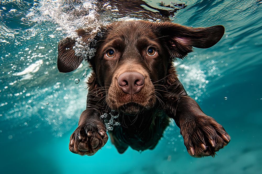 Dog diving underwater. AI Generated. art print by Jim Zuckerman for $57.95 CAD