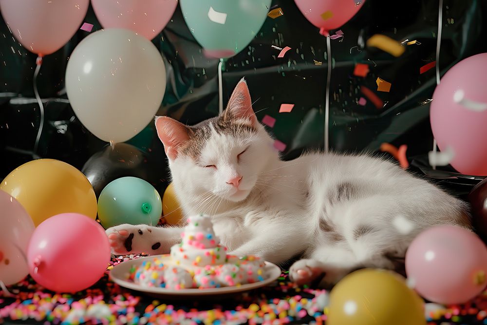 Drowsy cat and balloons. (AI Generated) art print by Jim Zuckerman for $57.95 CAD