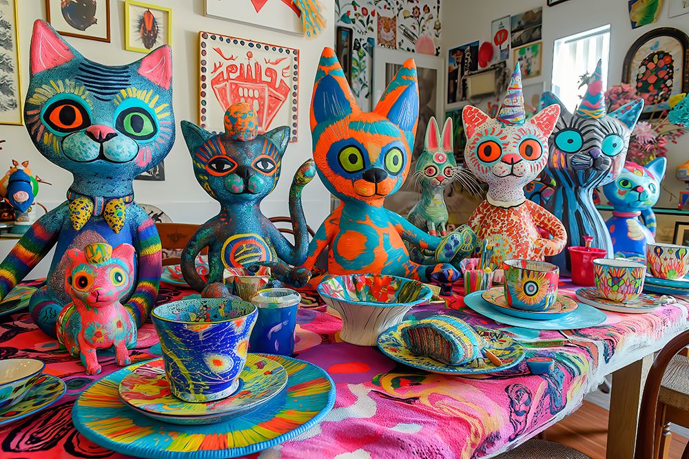 Colorful cat models and dishes on table. (AI Generated) art print by Jim Zuckerman for $57.95 CAD