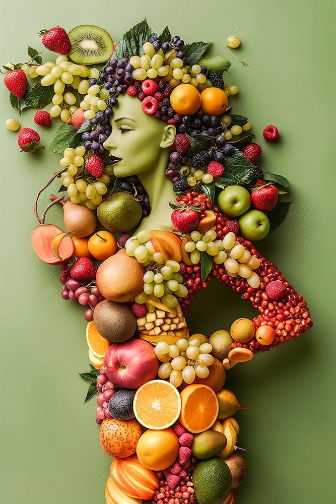 Woman with a body of fruit and vegetables. (AI Generated) art print by Jim Zuckerman for $57.95 CAD