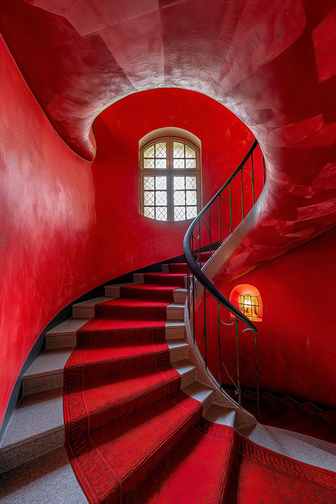 Curved stairway with window and carpet. (AI Generated) art print by Jim Zuckerman for $57.95 CAD