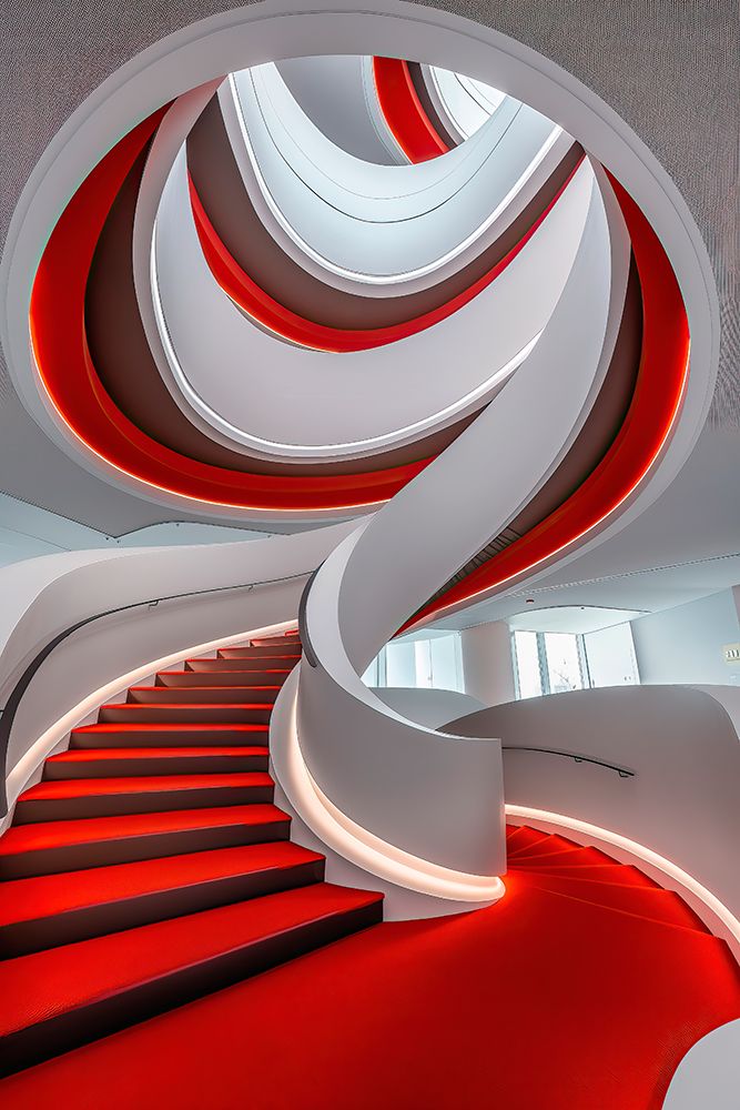 Curved stairway with window and carpet. (AI Generated) art print by Jim Zuckerman for $57.95 CAD