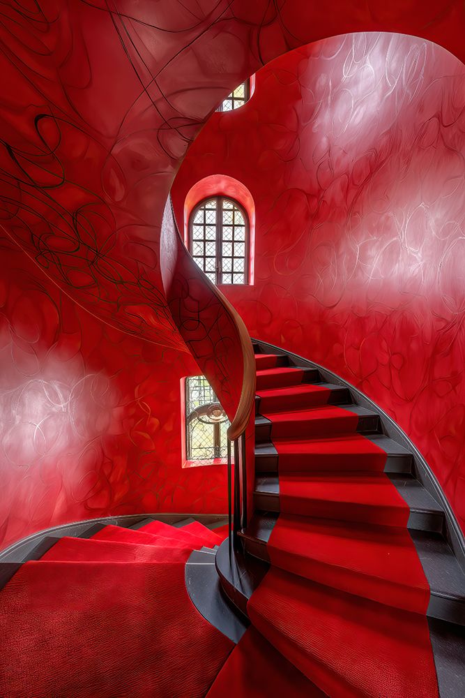Curved stairway with window and carpet. (AI Generated) art print by Jim Zuckerman for $57.95 CAD