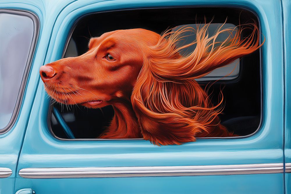 Happy Irish setter dog with head out car window. (AI Generated) art print by Fred Lord for $57.95 CAD