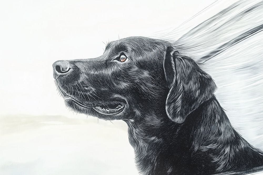 Black lab dog riding with head out car window. (AI Generated) art print by Fred Lord for $57.95 CAD