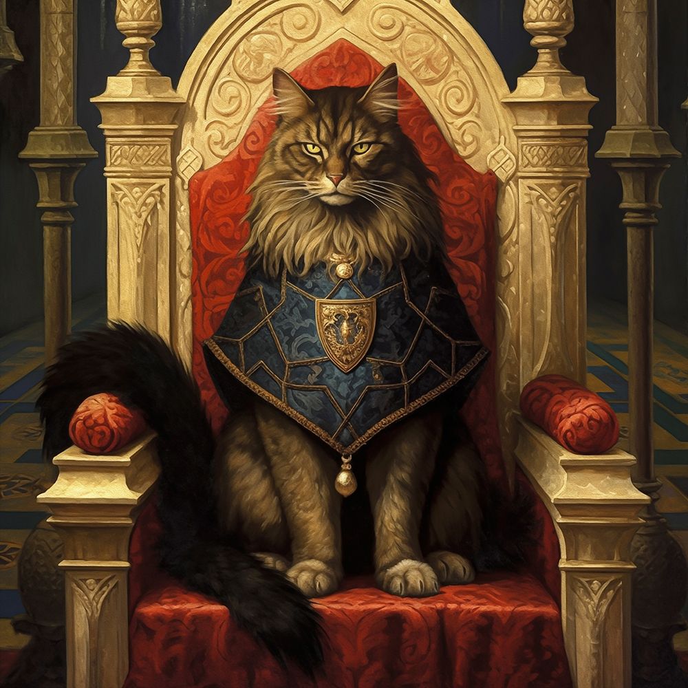 A proud long-haired cat sitting on a throne. (AI Generated) art print by Fred Lord for $57.95 CAD