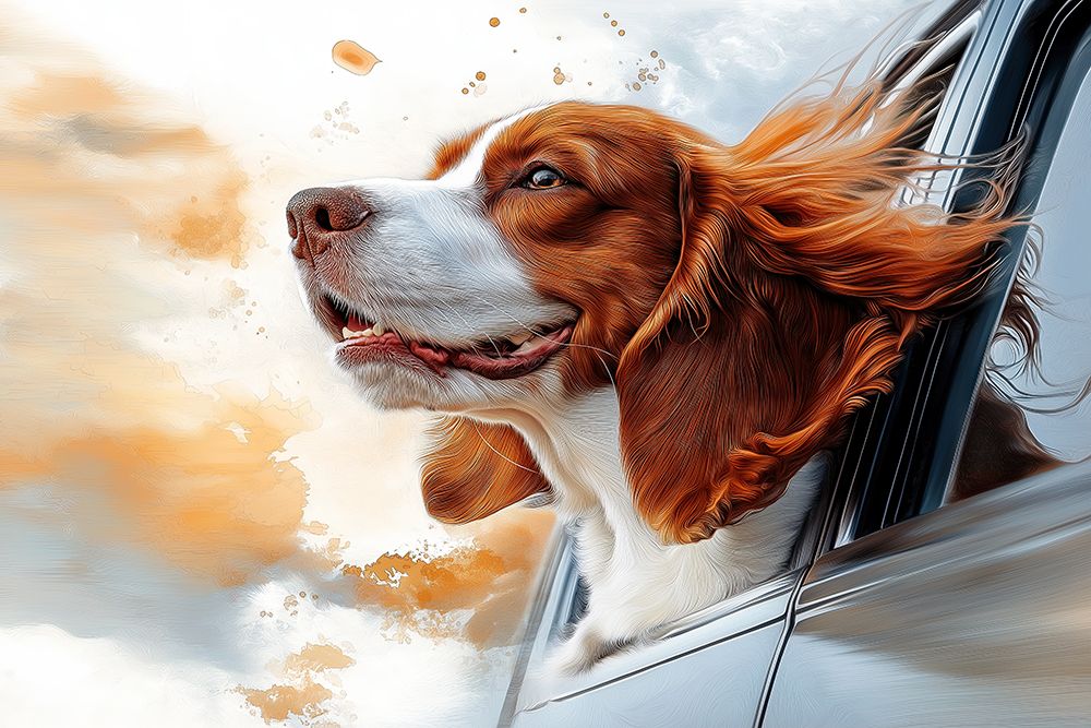 Happy dog riding with head out car window. (AI Generated) art print by Fred Lord for $57.95 CAD