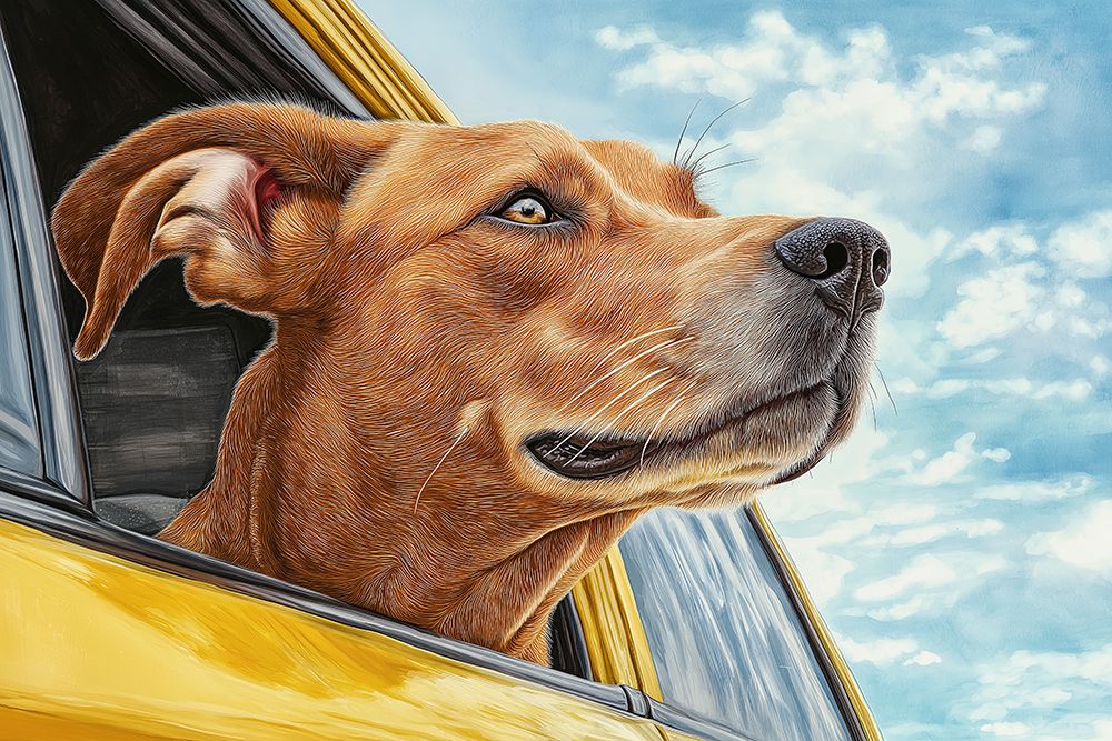 Happy dog riding with head out car window. (AI Generated) art print by Fred Lord for $57.95 CAD