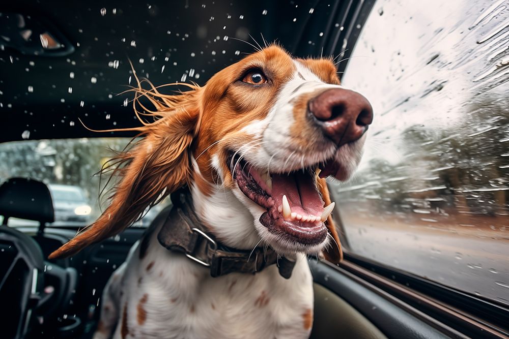 Happy dog riding in a car in the rain. (AI Generated) art print by Fred Lord for $57.95 CAD