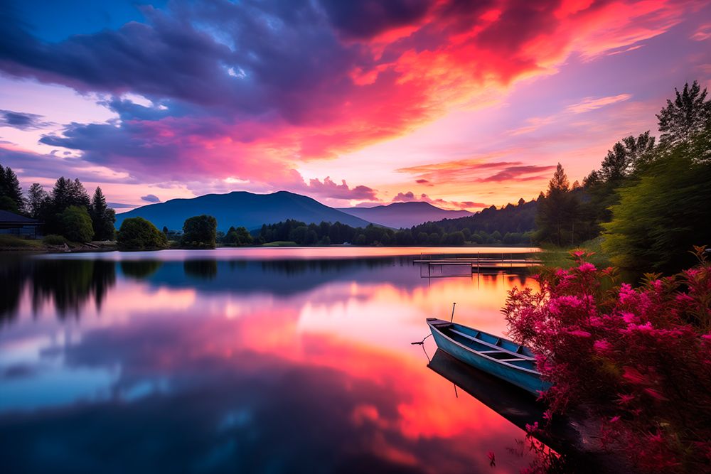 Tranquil mountain lake at sunrise or sunset. (AI Generated) art print by Fred Lord for $57.95 CAD