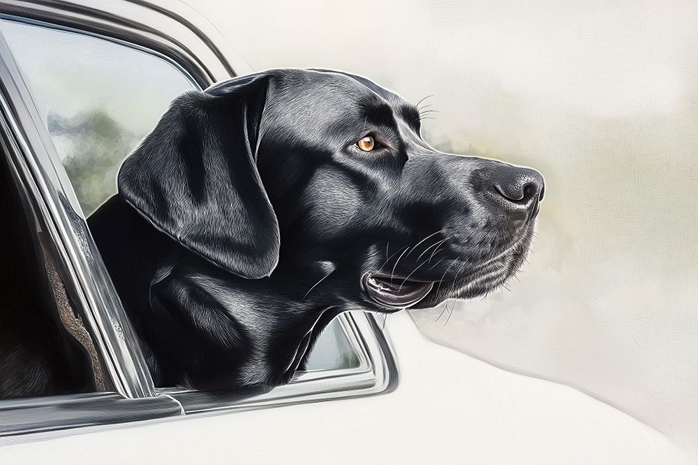 Black lab riding with head out car window. (AI Generated) art print by Fred Lord for $57.95 CAD