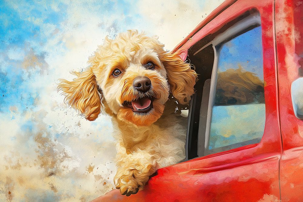 Happy small dog riding with head out car window. (AI Generated) art print by Fred Lord for $57.95 CAD