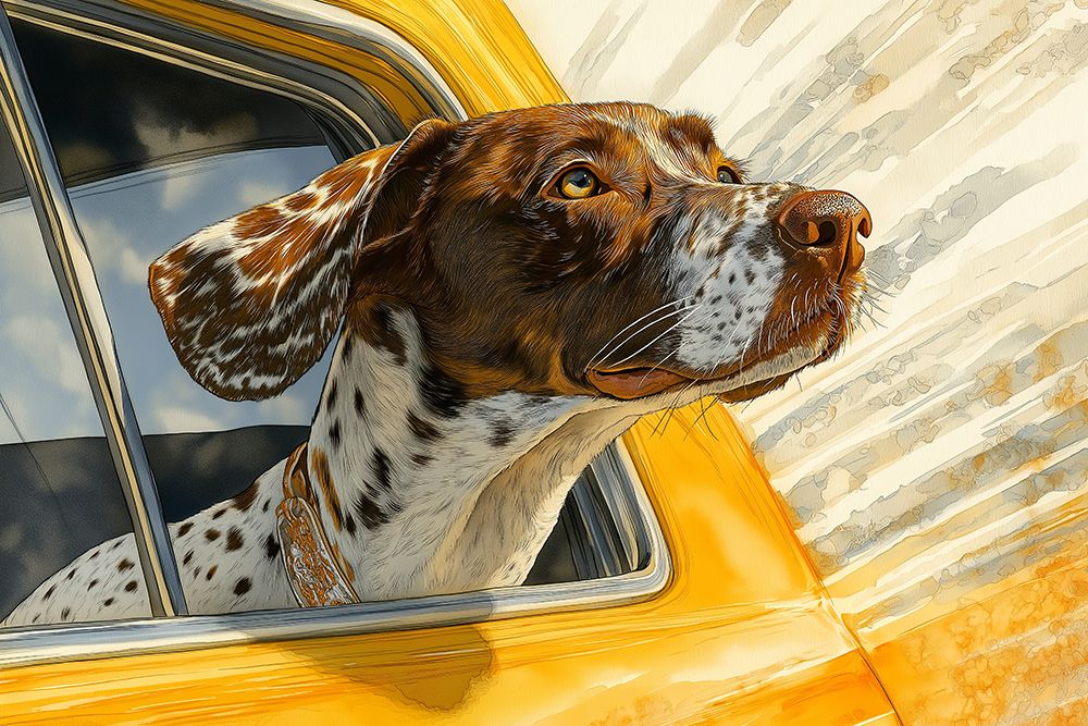 Dog riding with head out car window. (AI Generated) art print by Fred Lord for $57.95 CAD