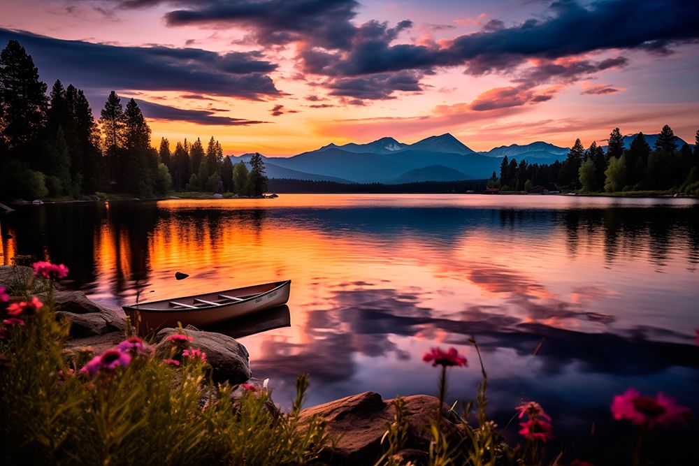 Tranquil mountain lake at sunrise or sunset. (AI Generated) art print by Fred Lord for $57.95 CAD