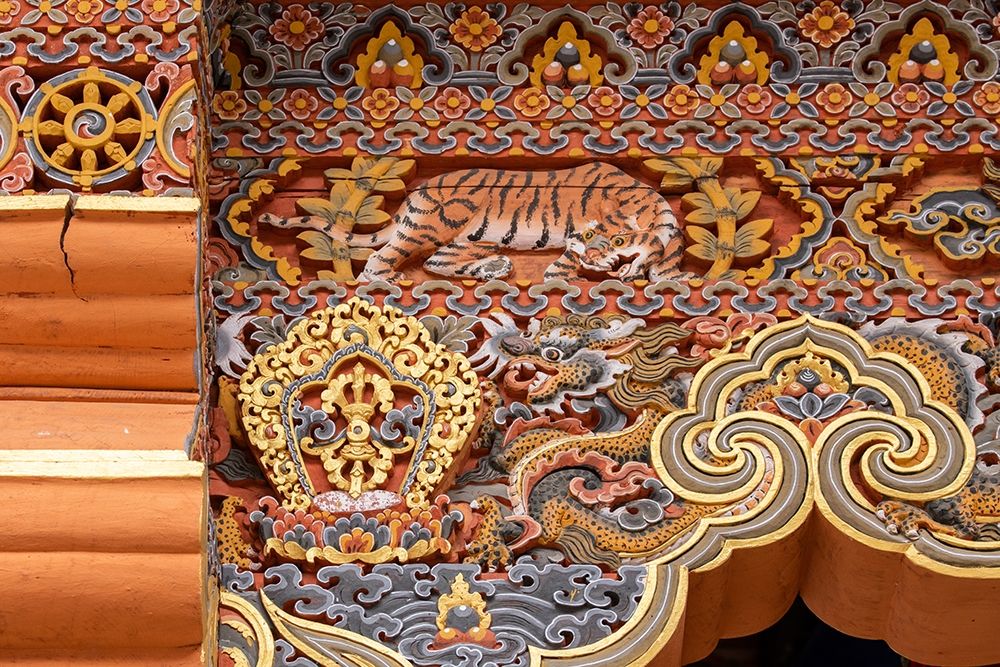 Bhutan Traditional hand painted and carved wooden architectural detail with tiger and dragon art print by Cindy Miller Hopkins for $57.95 CAD