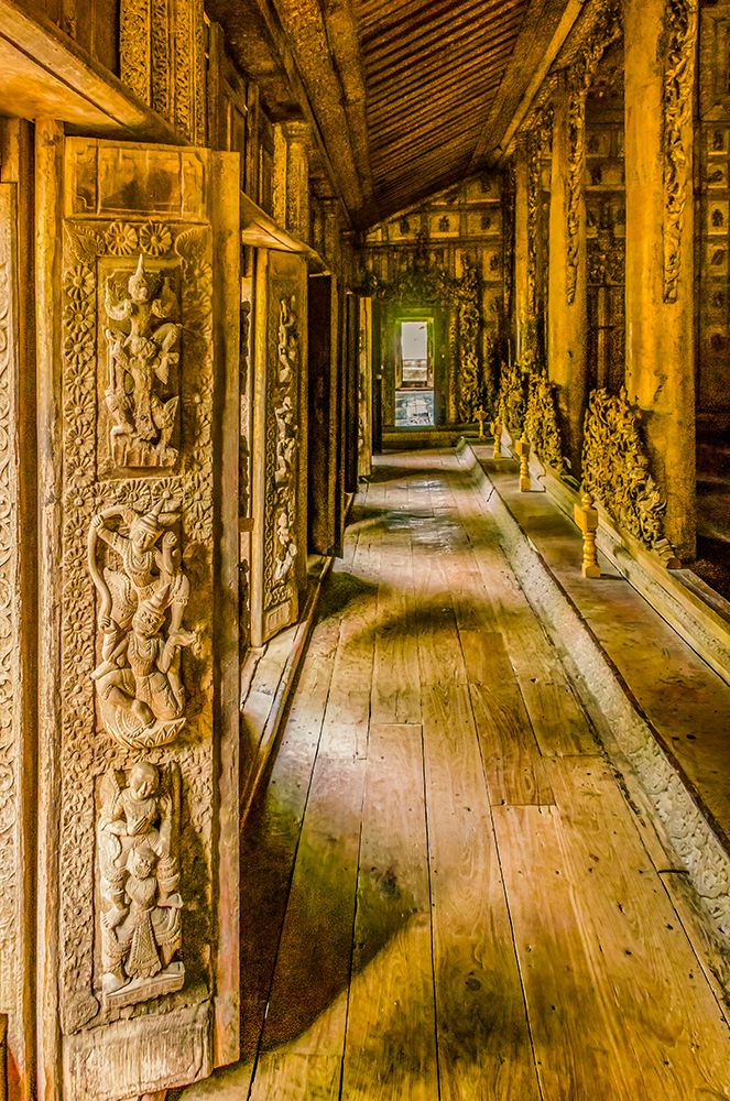 Shwemawdaw Golden Palace Monastery, Mandalay, Myanmar. Carved doorways in teakwood monastery. art print by Murray McCallum for $57.95 CAD