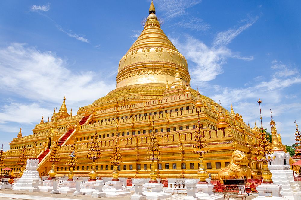 Shwezigon Pagoda, Bagan, Myanmar. Burmese Golden temple built next to Irrawaddy River in 1100AD. art print by Murray McCallum for $57.95 CAD