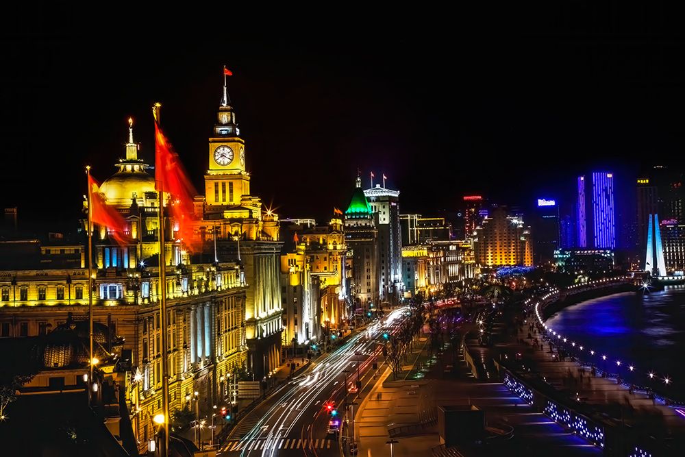 The Bund, old part of Shanghai at night with cars. art print by William Perry for $57.95 CAD