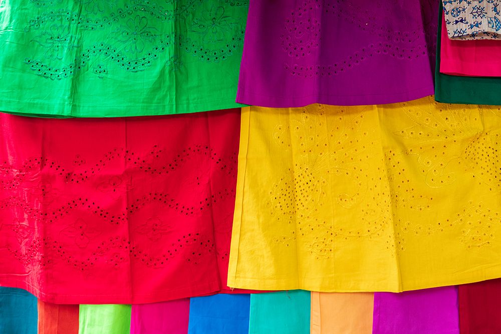 India, West Bengal, Kolkata, Baithakkhana. Group of colorful textiles. art print by Emily M. Wilson for $57.95 CAD