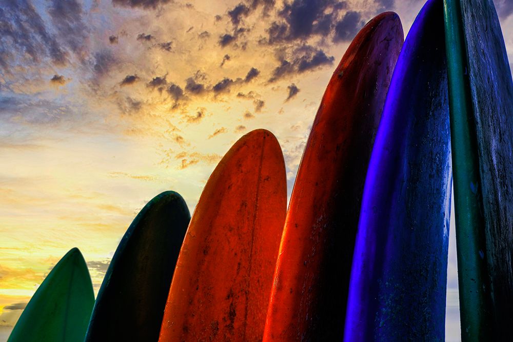 Stacked surf boards at sunset after a day of surf school in Canggu-Bali-Indonesia art print by Greg Johnston for $57.95 CAD