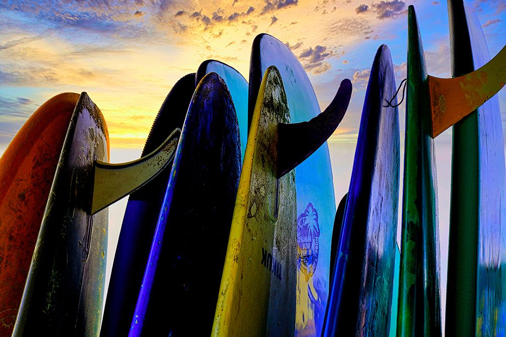 Stacked surf boards at sunset after a day of surf school in Canggu-Bali-Indonesia art print by Greg Johnston for $57.95 CAD