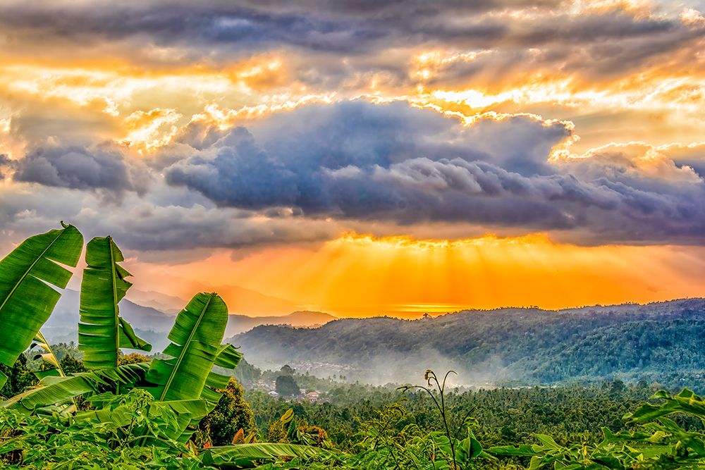 Coastal valley, Bali, Indonesia. Sun breaking through clouds over a lush valley at sunset. art print by Murray McCallum for $57.95 CAD