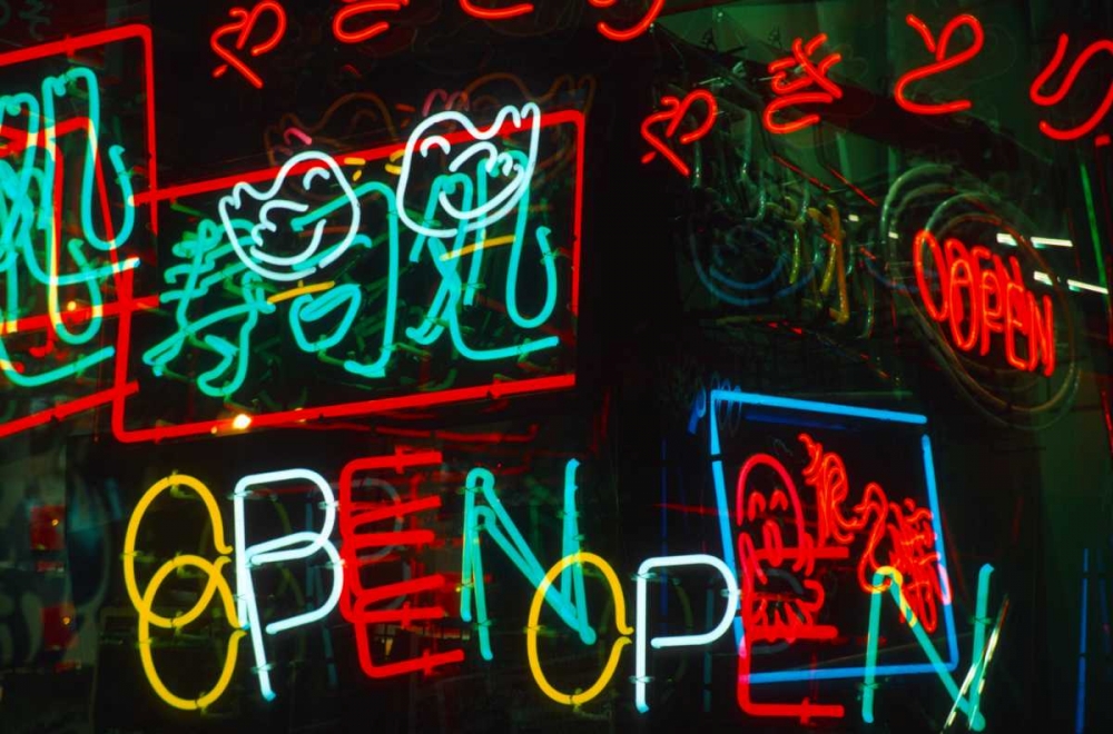 Japan, Osaka Neon signs for sale in the market art print by Nancy ,  Steve Ross for $57.95 CAD
