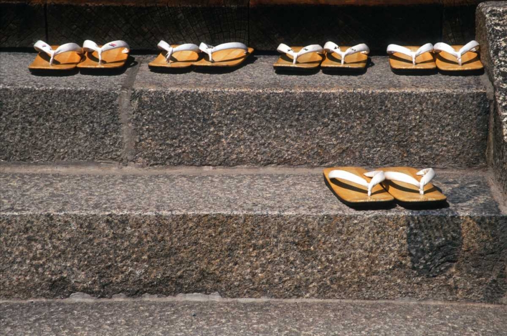 Japan, Kyoto Zori sandals on steps of a shrine art print by Nancy Steve Ross for $57.95 CAD