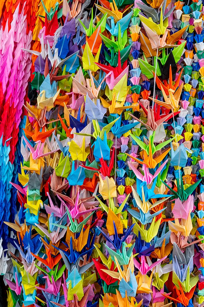 1000 cranes origami created as prayer for peace on display in Peace Memorial Park, Hiroshima, Japan art print by Jim Engelbrecht for $57.95 CAD