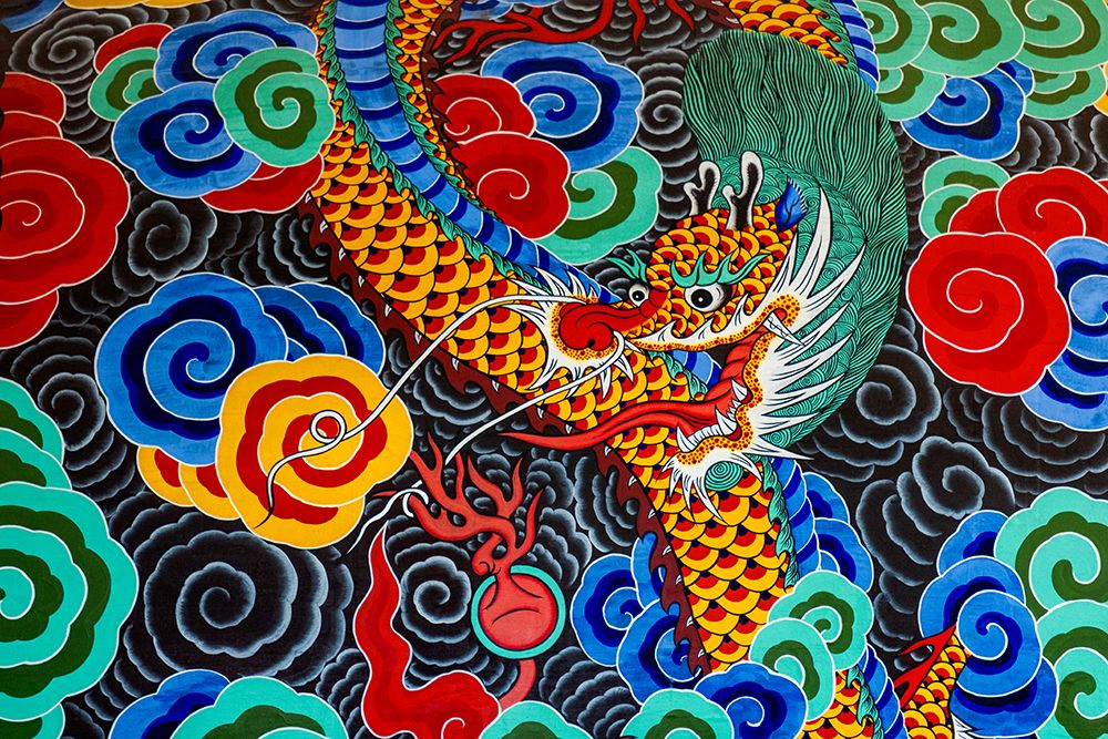 Closeup of colorful Korean Buddhist drum, Hiroshima, Japan art print by Jim Engelbrecht for $57.95 CAD