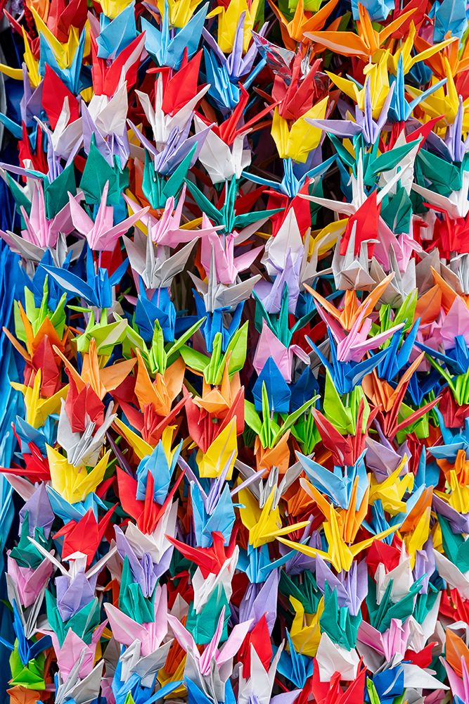 1000 cranes origami created as prayer for peace on display in Peace Memorial Park, Hiroshima, Japan art print by Lisa Engelbrecht for $57.95 CAD