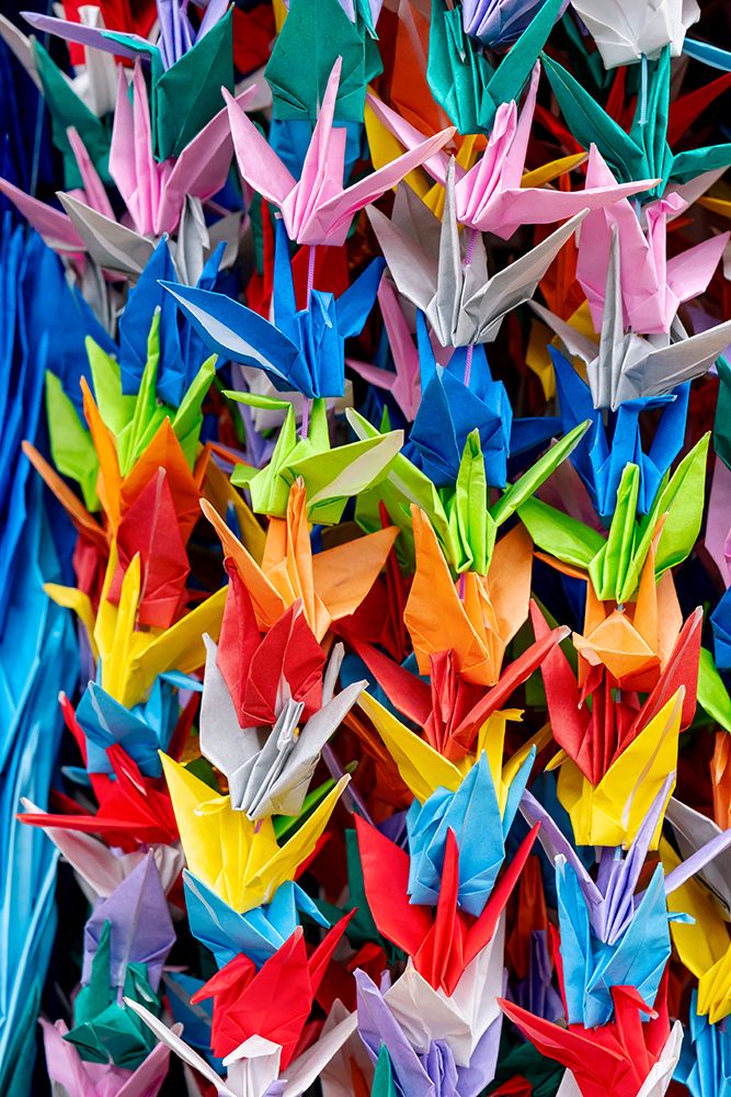 1001 cranes origami created as prayer for peace on display in Peace Memorial Park, Hiroshima, Japan art print by Lisa Engelbrecht for $57.95 CAD