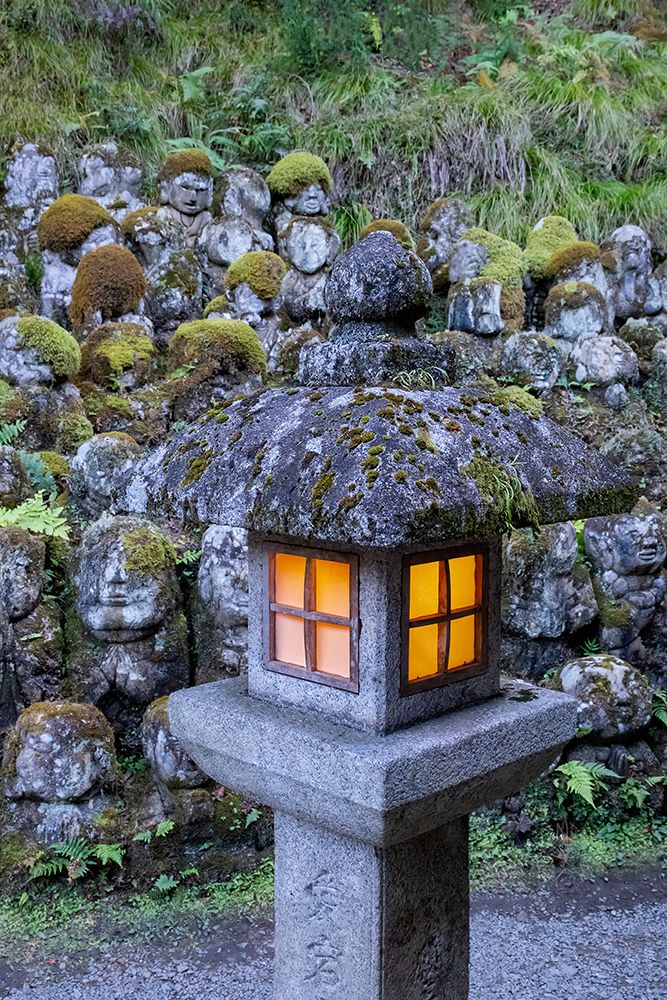 Stone Rakan statues and lantern, Otagi Nenbutsu-ji Temple, Arashiyama, Kyoto, Japan art print by Lisa Engelbrecht for $57.95 CAD