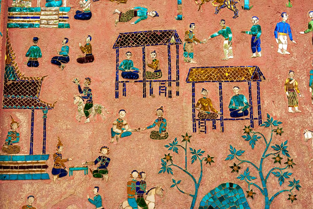 Laos-Luang Prabang-Detail of mosaic decorations depicting people on the side of a building art print by Tom Haseltine for $57.95 CAD
